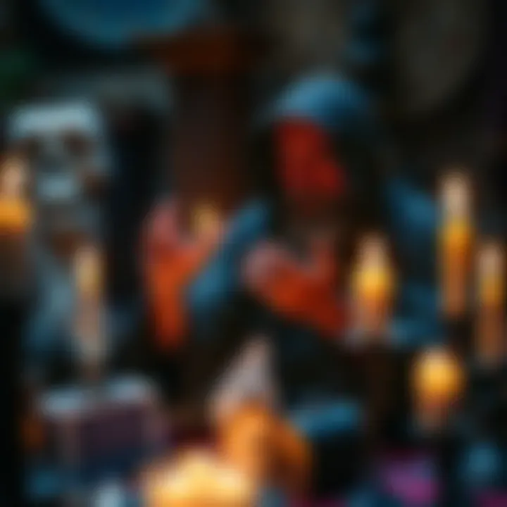 An experienced occultist conducting a ritual with candles and crystals, symbolizing personal transformation and growth.