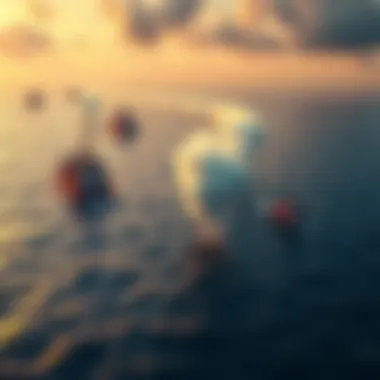 A view of ocean geo-engineering efforts with ships dispersing materials over the sea.