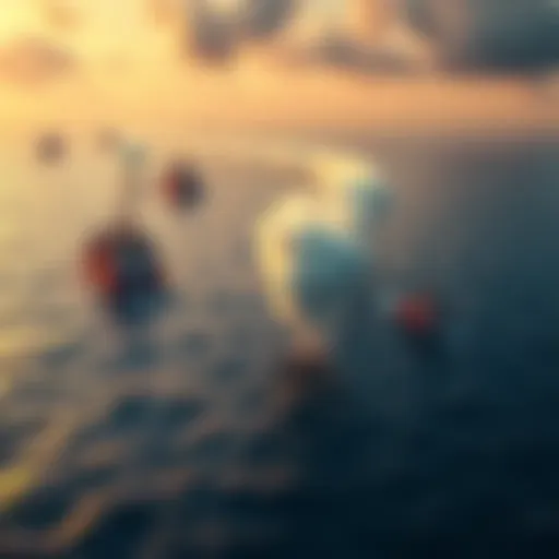 A view of ocean geo-engineering efforts with ships dispersing materials over the sea.