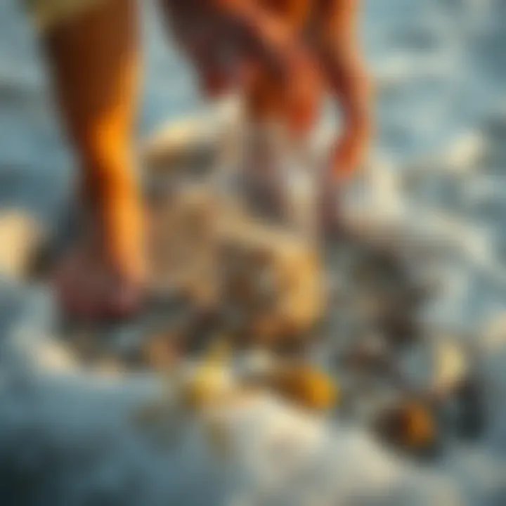A person on the beach filling a jar with ocean water and gathering seashells, surrounded by waves