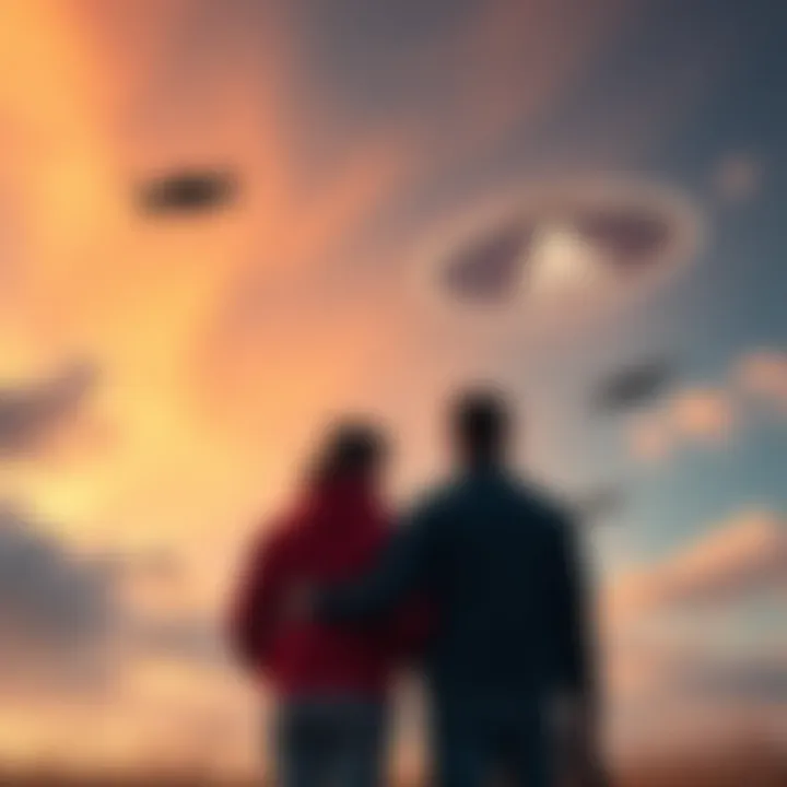 A couple watches three unidentified flying objects in the sky over Oconomowoc, Wisconsin, with a triangular craft nearby.