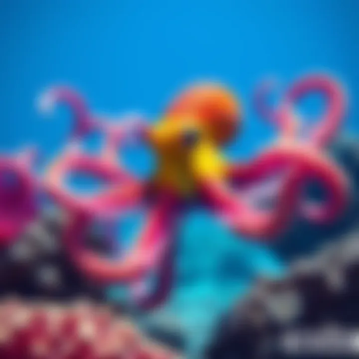 A vibrant octopus swimming in clear blue water, showcasing its unique color and shape, surrounded by coral