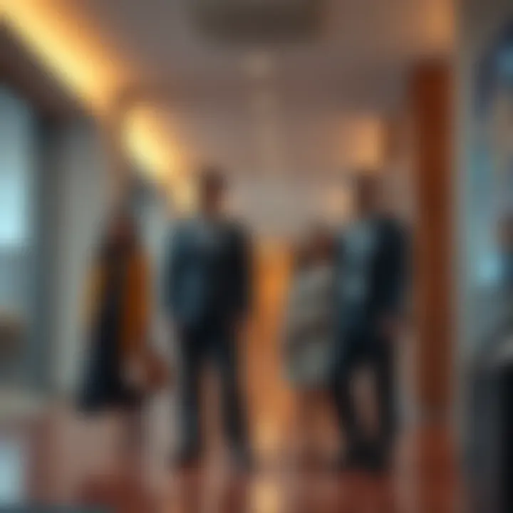 A peculiar family standing in a hotel lobby, causing tension among the staff and guests