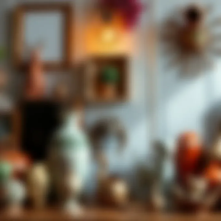 A collection of quirky home decor pieces including a vintage vase, unique sculptures, and playful wall art, showcasing the oddities found in homes.