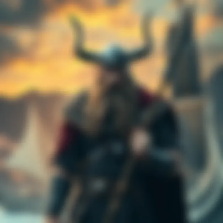 A depiction of Odin, the Norse god, wearing a cloak and holding a spear, set against a Viking ship and mountains in the background.