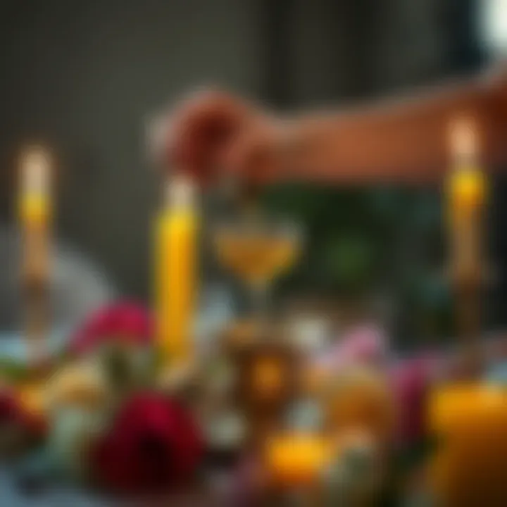 A person pouring olive oil into a small bowl for an offering to Aphrodite and Dionysus, surrounded by flowers and candles.