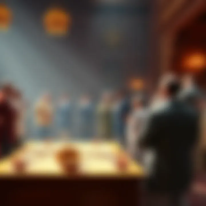 A diverse group of people either standing or kneeling at a table, participating in a ceremony of offering. Some are in prayerful poses while others observe respectfully.