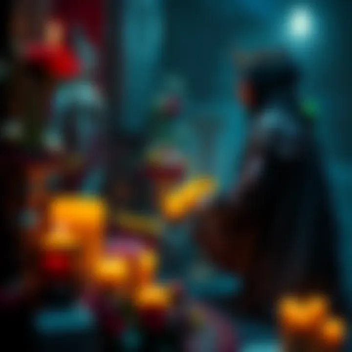 A person kneeling before a shrine dedicated to Santa Muerte, placing candles and flowers as offerings, while looking contemplative