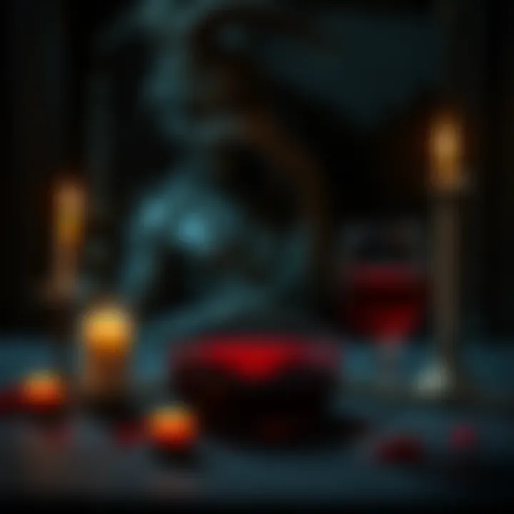 A dark ritual scene showing a bowl of red liquid and a glass of wine on an altar with candles, suggesting an offering to spirits.