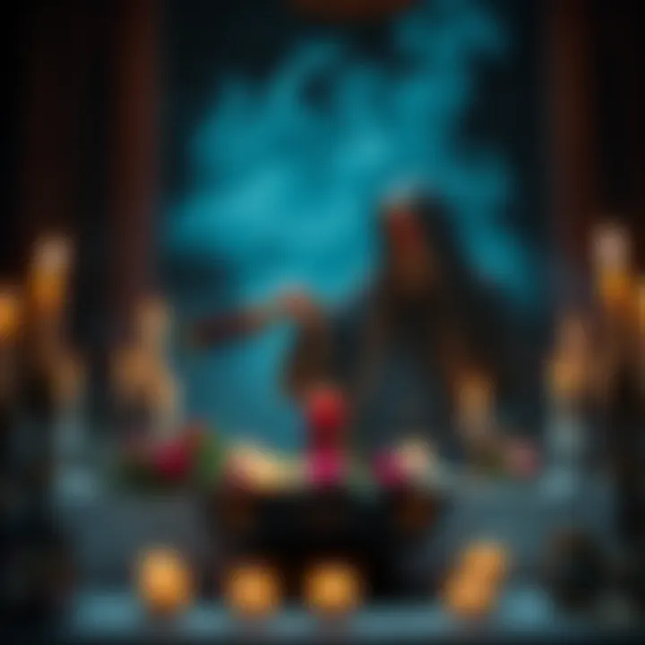 A person pouring a libation at an altar surrounded by candles and flowers, symbolizing a spiritual connection.