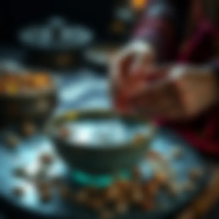 A person places ocean water and shells in a bowl as an offering to Njord, the Norse god of wealth, during a ritual setting.