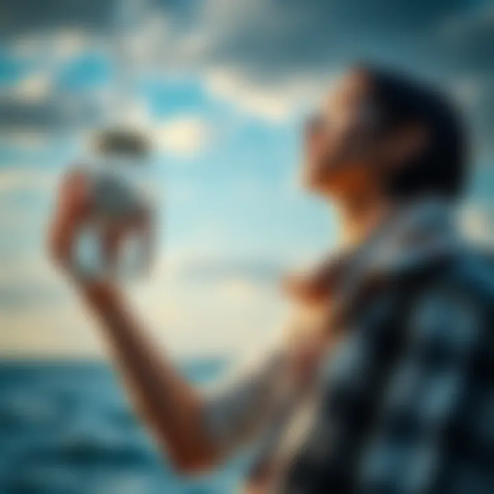 Offering water to gods A person holding a jar of rainwater and a shell of sea water, looking playfully towards the sky as if offering it to gods Zeus and Poseidon.