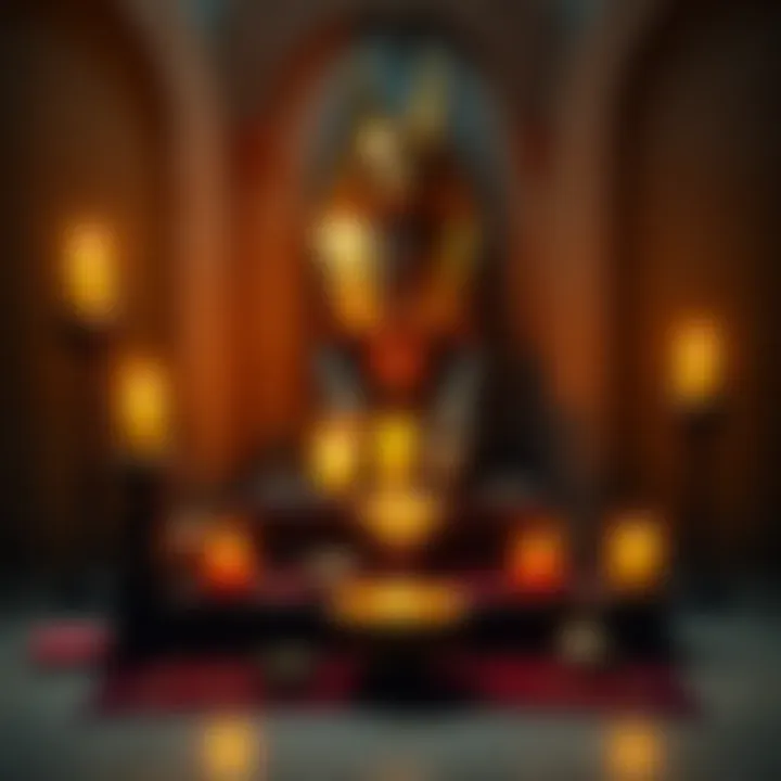 A small altar with simple offerings for Lord Anubis, including candles and symbolic items