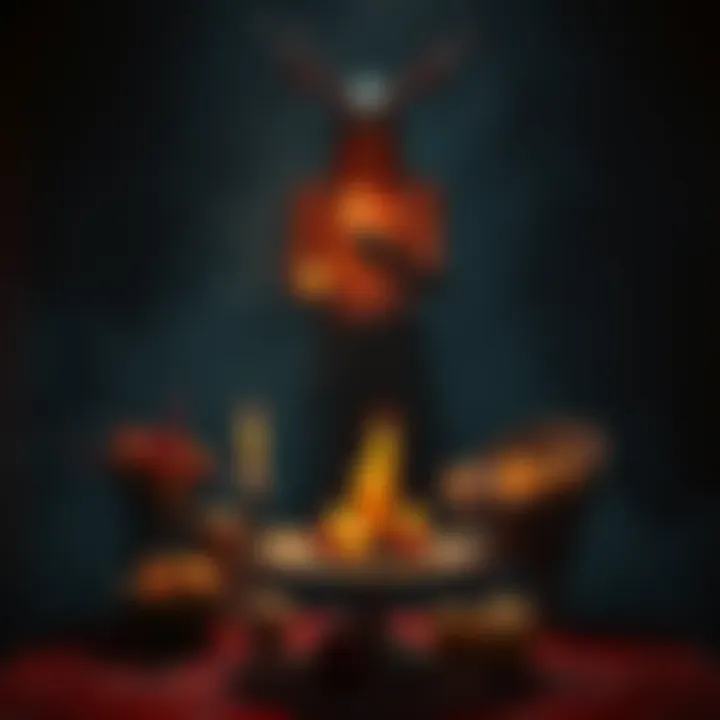 A shadowy figure representing an Incubus and a Succubus, surrounded by candles and symbolic offerings like fruits and flowers, in a dimly lit room.