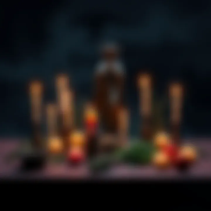 A table with candles, herbs, and a statue of Hecate surrounded by dark night sky