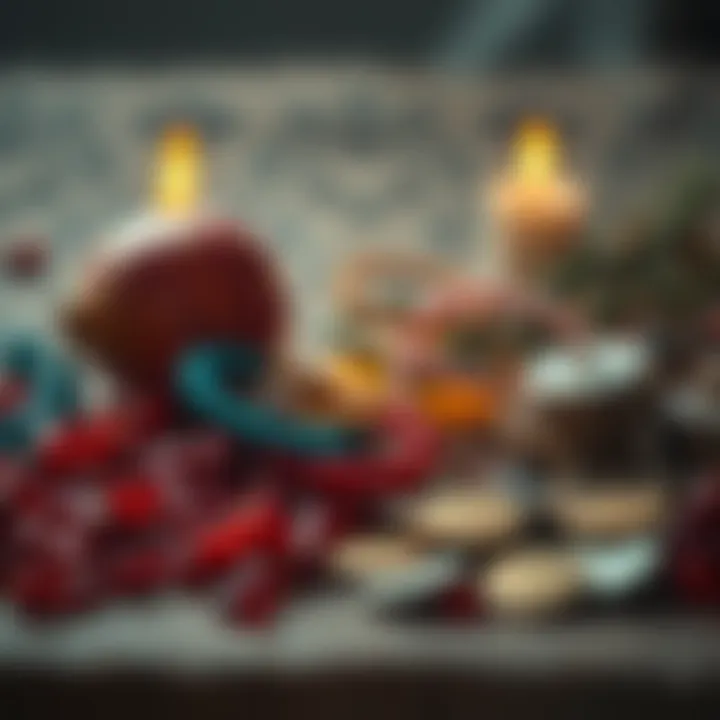 A collection of pomegranate seeds, colorful beaded bracelets, earrings, and coins arranged as a heartfelt offering to the Goddess Tyche.