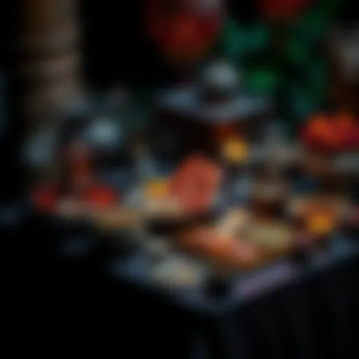 A table with various offerings laid out for underworld deities, including food, incense, and personal items, set against a dark background.