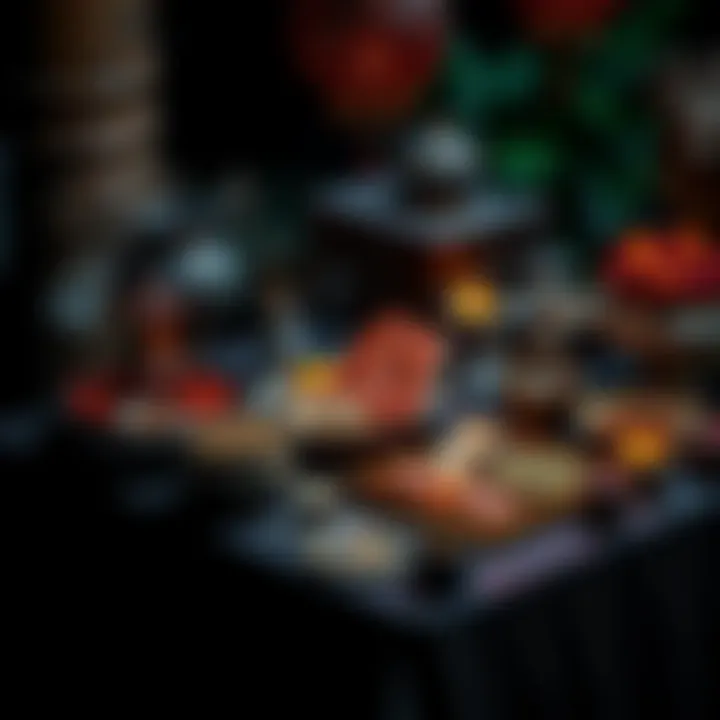 A table with various offerings laid out for underworld deities, including food, incense, and personal items, set against a dark background.
