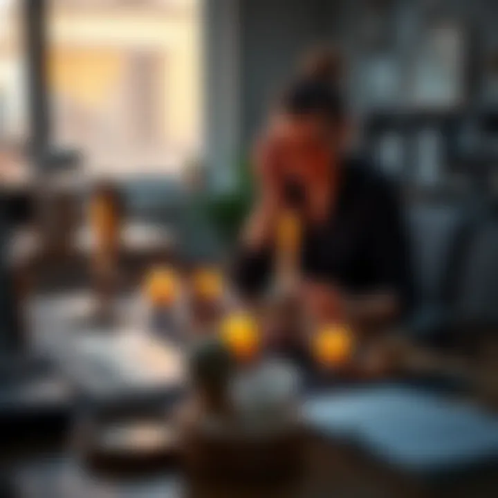 A person performing a cleansing ritual in an office setting, with candles and crystals on the desk, aiming to remove negative energy from the workspace.