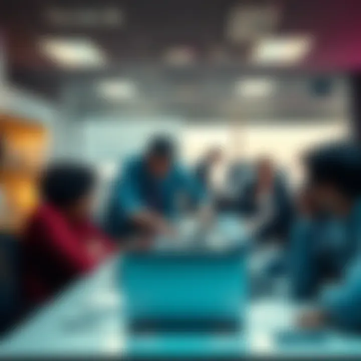 A tense office scene with coworkers arguing around a desk, showing frustration and upset faces.