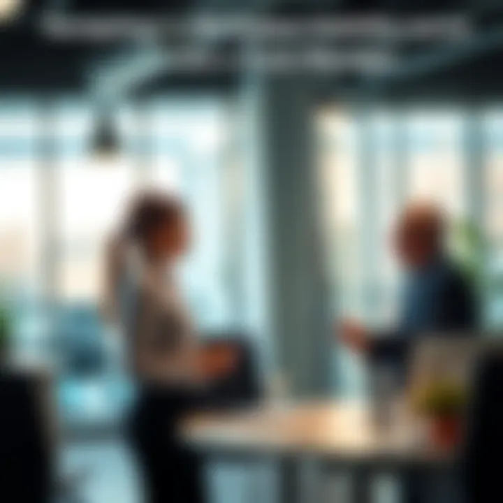 Office Interaction A professional discussing ideas with a senior manager in a bright office setting, showing positive communication despite a toxic atmosphere.