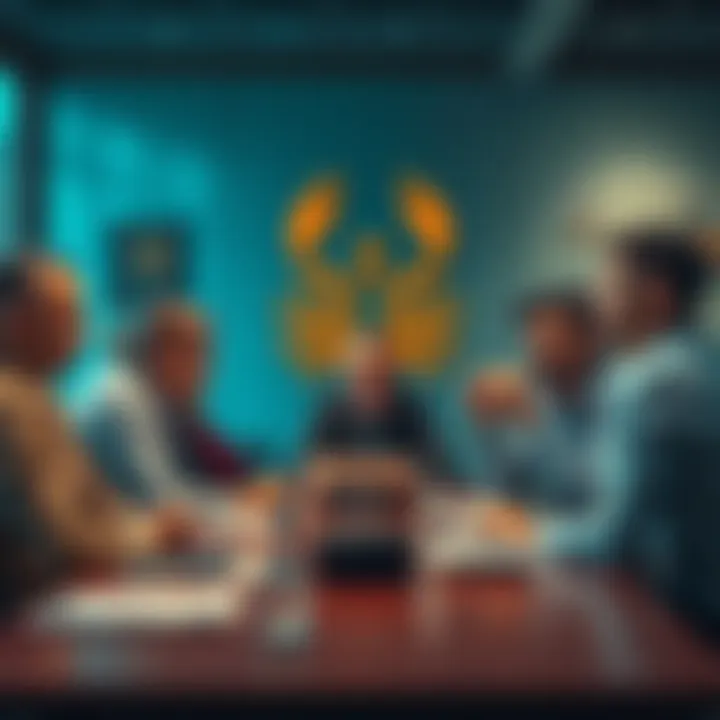 A group of coworkers in an office setting discussing around a table, featuring a Scorpio sign in the background, showcasing a mix of serious and frustrated expressions.