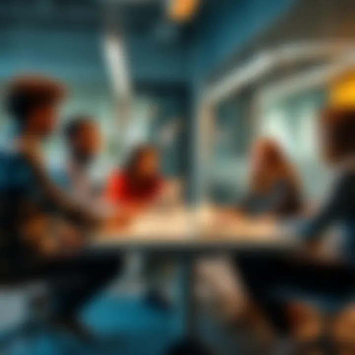 A diverse group of office workers gathered around a table, sharing tips and success stories about reversing return-to-office mandates, with a focus on mental health and work-life balance.