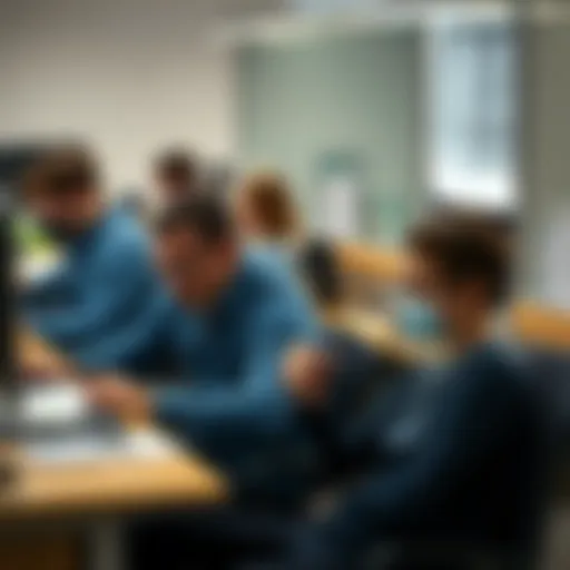 Tired office workers sitting at their desks with papers and computers, showing signs of stress and fatigue from long hours