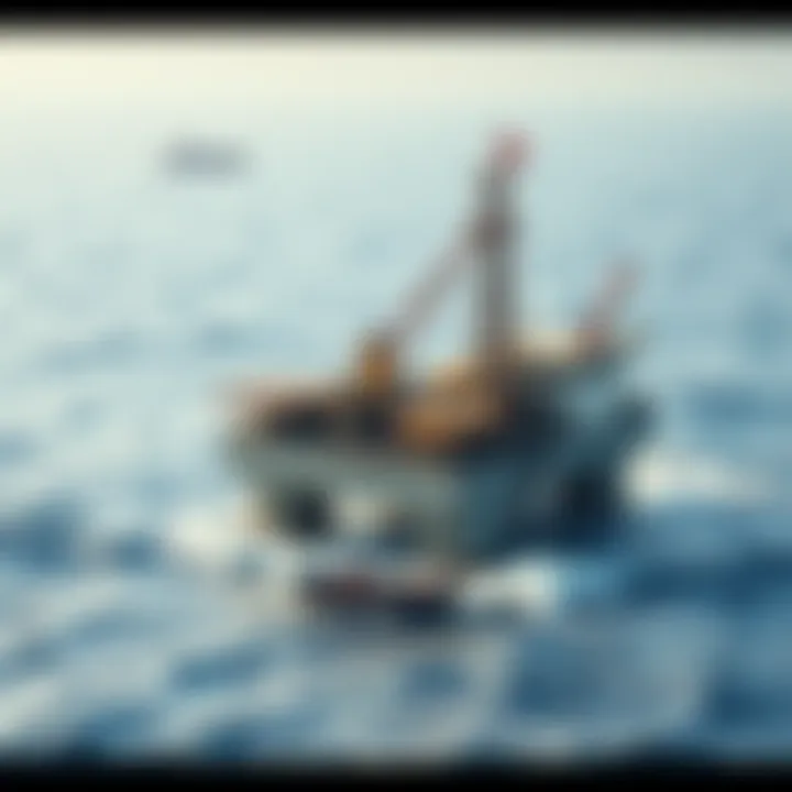 A rugged offshore rig surrounded by choppy waters, with a small rowboat visible in the distance and crew members working on the platform.