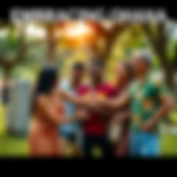 A diverse group of people smiling and helping each other in a park, representing the Hawaiian spirit of family and community connection.