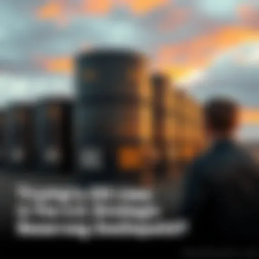 A stack of oil barrels reflecting the U.S. Strategic Reserve with a worried person in the background
