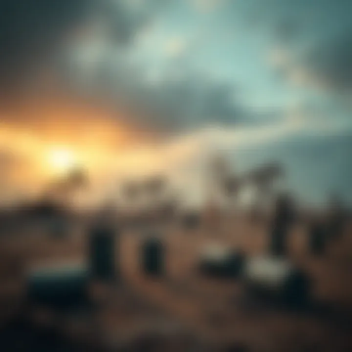 A barren landscape with abandoned oil rigs and empty barrels, symbolizing the aftermath of Peak Oil and the challenges ahead.