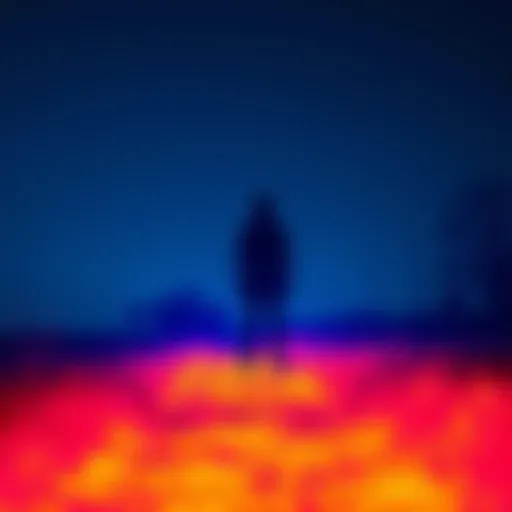 A thermal image shows a tall, dark figure standing still in a rural Oklahoma setting at night