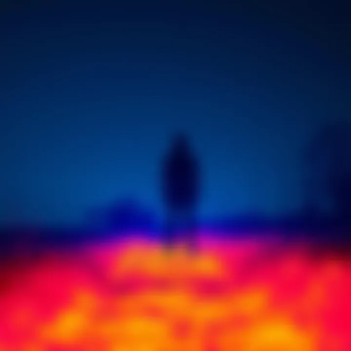 Thermal image of a tall, shadowy figure in Oklahoma A thermal image shows a tall, dark figure standing still in a rural Oklahoma setting at night