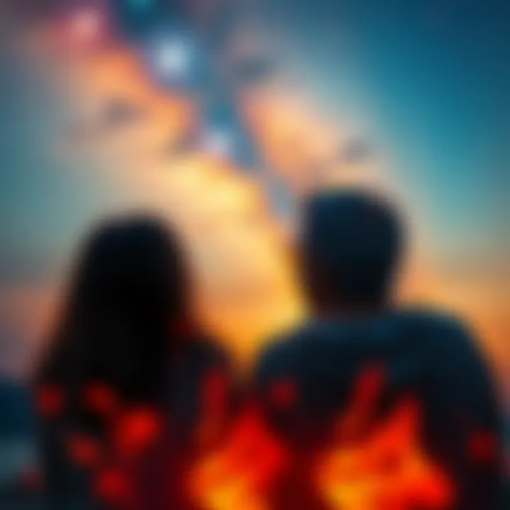 Two people reminiscing over a past relationship while looking at the stars, representing astrological influence on their connection.