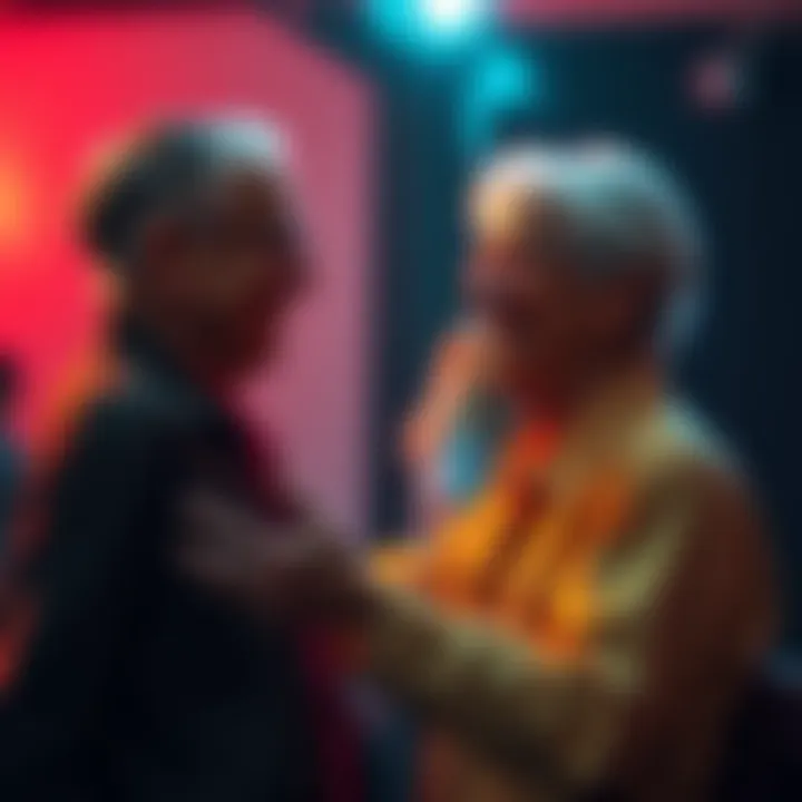 Two friends joyfully meeting each other with smiles, representing reconnections and old friendships.