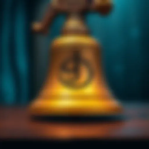 A close-up view of an old bell displaying an unusual symbol, resting on a wooden table