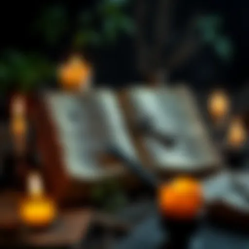 An old book open on a table surrounded by lit candles and herbs, symbolizing witchcraft and cunning folk traditions in Great Britain.