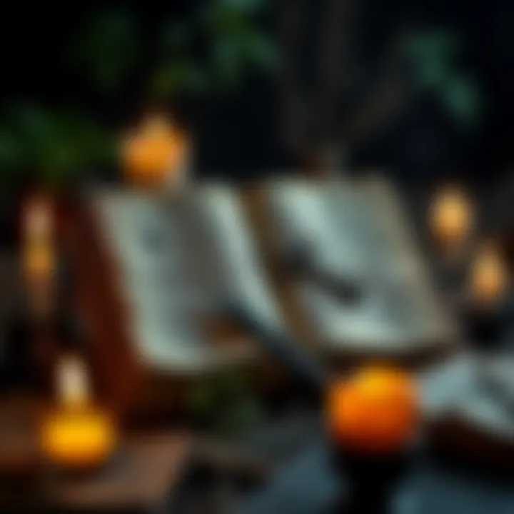 An old book open on a table surrounded by lit candles and herbs, symbolizing witchcraft and cunning folk traditions in Great Britain.