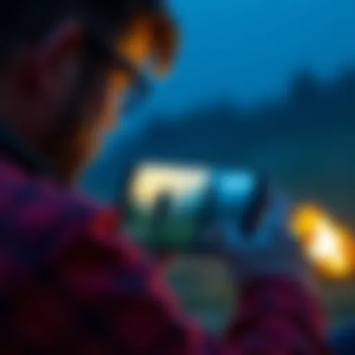 A man looks at a camping photo on his device, confused by a strange figure in the background.