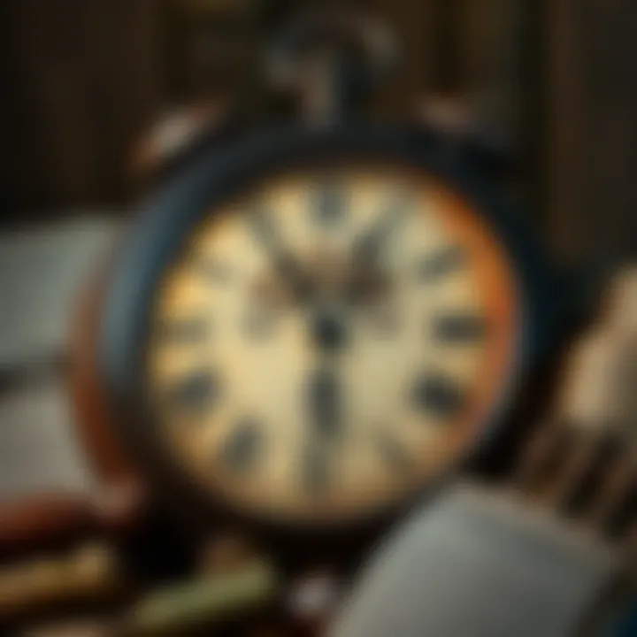 Old Clock Showing 1726 An antique clock with hands pointing to the year 1726, surrounded by historical documents and relics.