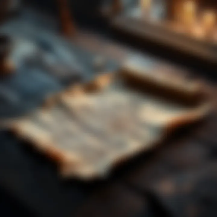 A worn parchment document lying on a wooden table with faint text, symbolizing the mystery of Oak Island.