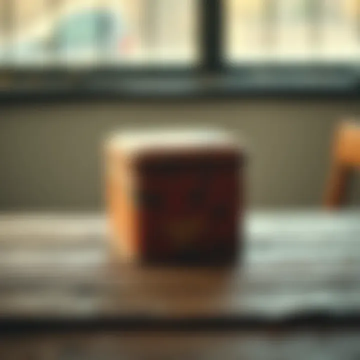 A rusty old fruitcake tin sits on a wooden table, hinting at secrets inside.