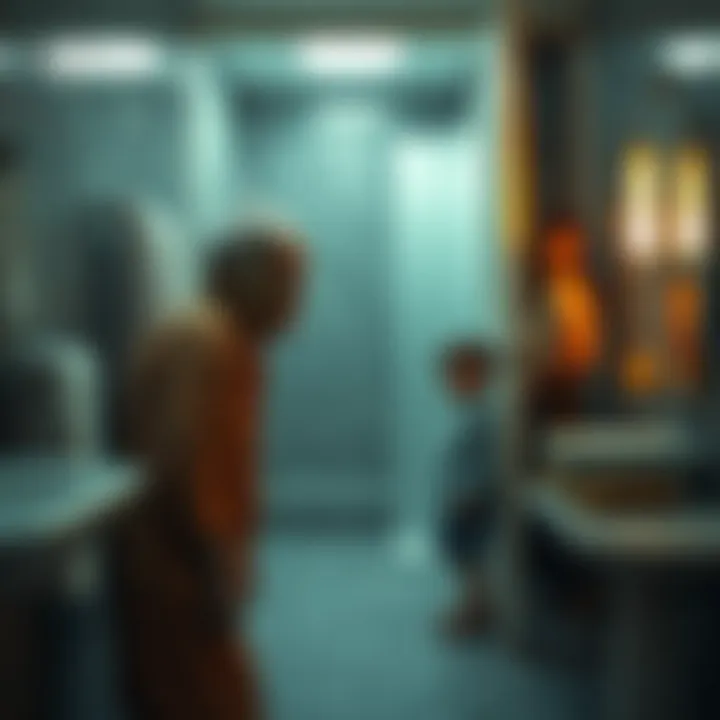 A bathroom scene showing an old man with greenish skin looking startled, while a child stands by the doorway in shock, with a mother nearby.