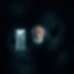 An old man missing an eye stands in a dimly lit cabin, with a cliff visible through a small window. Shadows loom as he appears troubled, listening to faint voices calling for help.