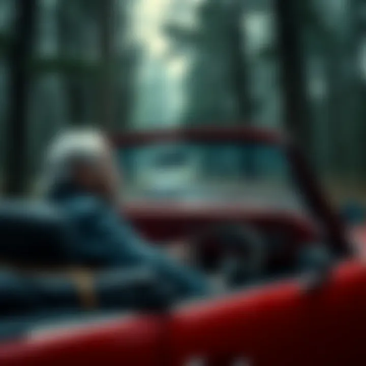 An old man sits in a red car parked in a forest, looking around as he searches for a couple who have gone missing.