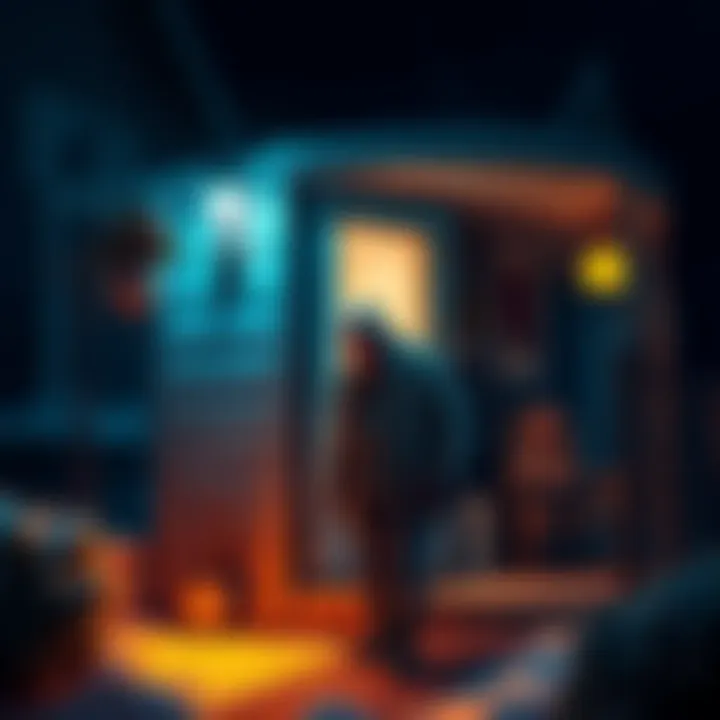 A disheveled old man stands at a house door on a winter night, looking tired and hungry, while a family watches from inside.