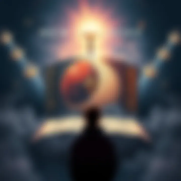 A visual comparison of the Old and New Testament, featuring symbols representing each book, with a person reflecting on faith in the middle.