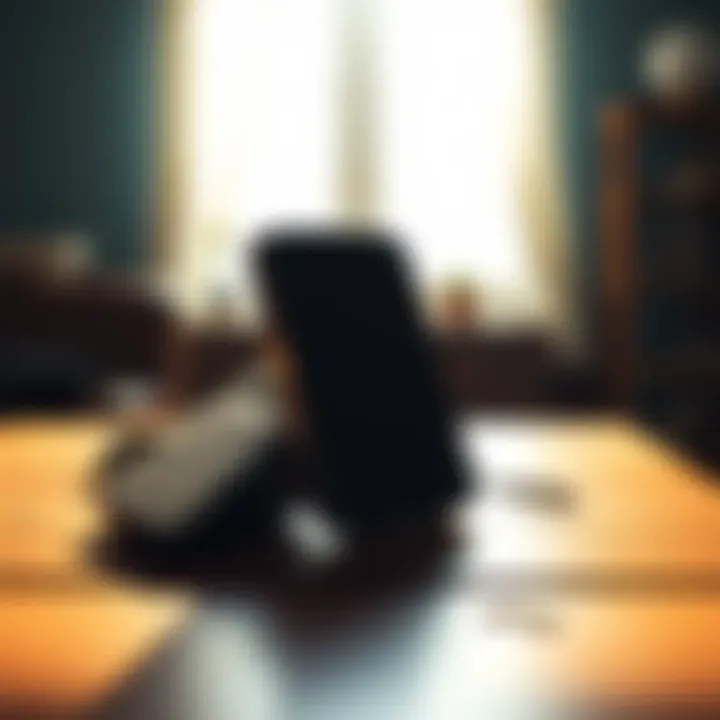 A vintage flip phone resting on a wooden table with sunlight shining on it