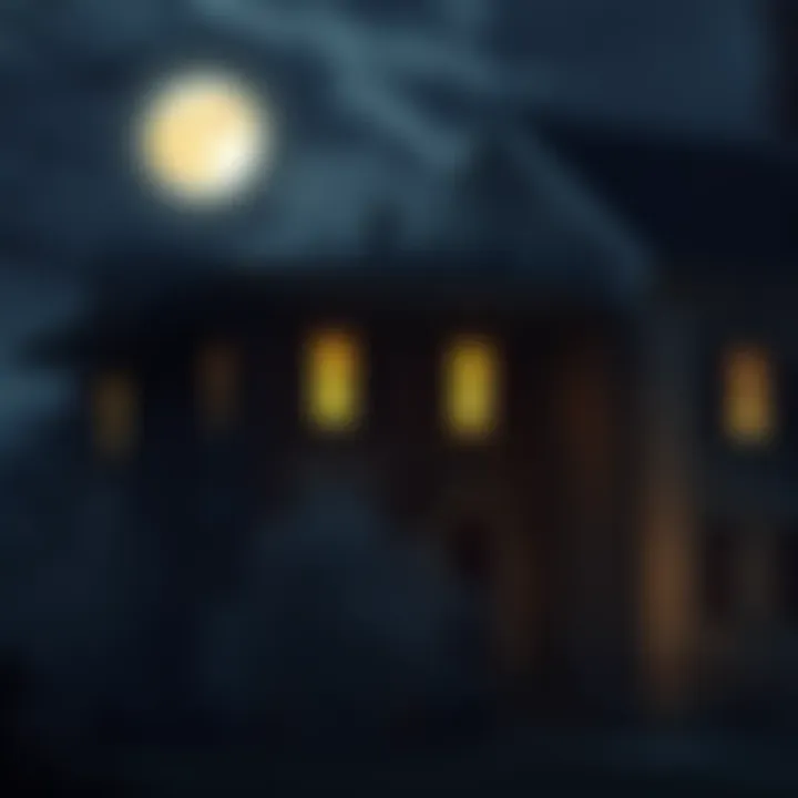 Old school building at night A dimly lit old school building with shadows cast by the moonlight, hinting at surprises within the darkness.